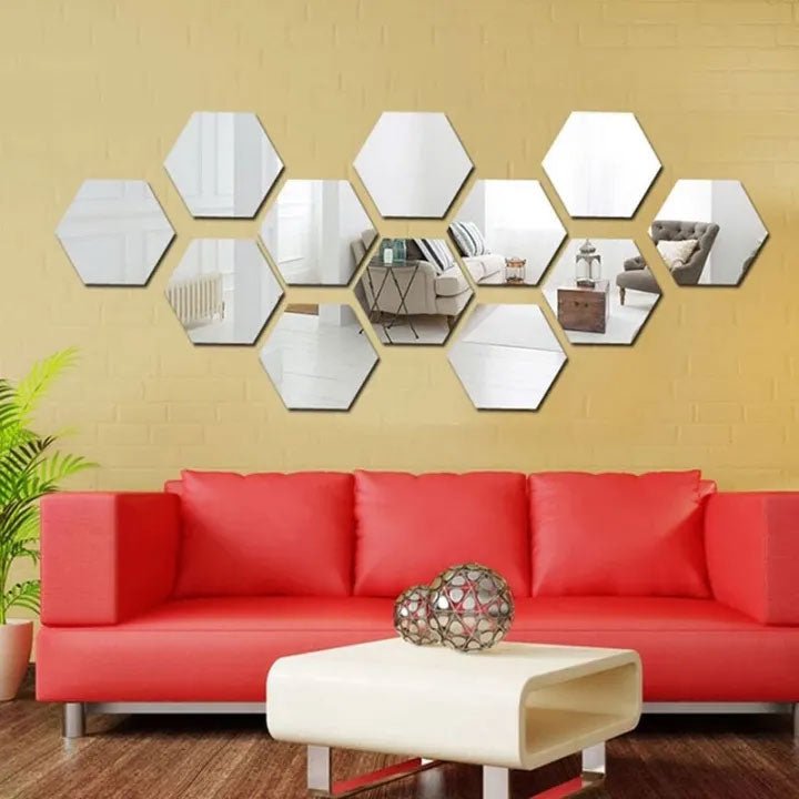 3D Hexagon Mirror Wall Stickers – Acrylic DIY Wall Decor (12/24 PCS) | Modern Home Decor Pakistan - Home Decor by Maryum