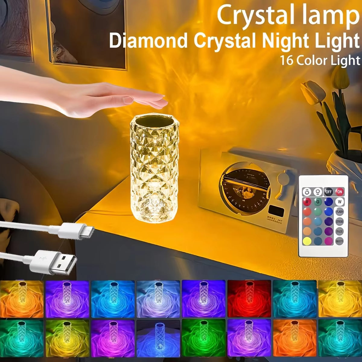 RGB Rose Diamond Crystal Lamp for aesthetic bedroom decor in Pakistan
