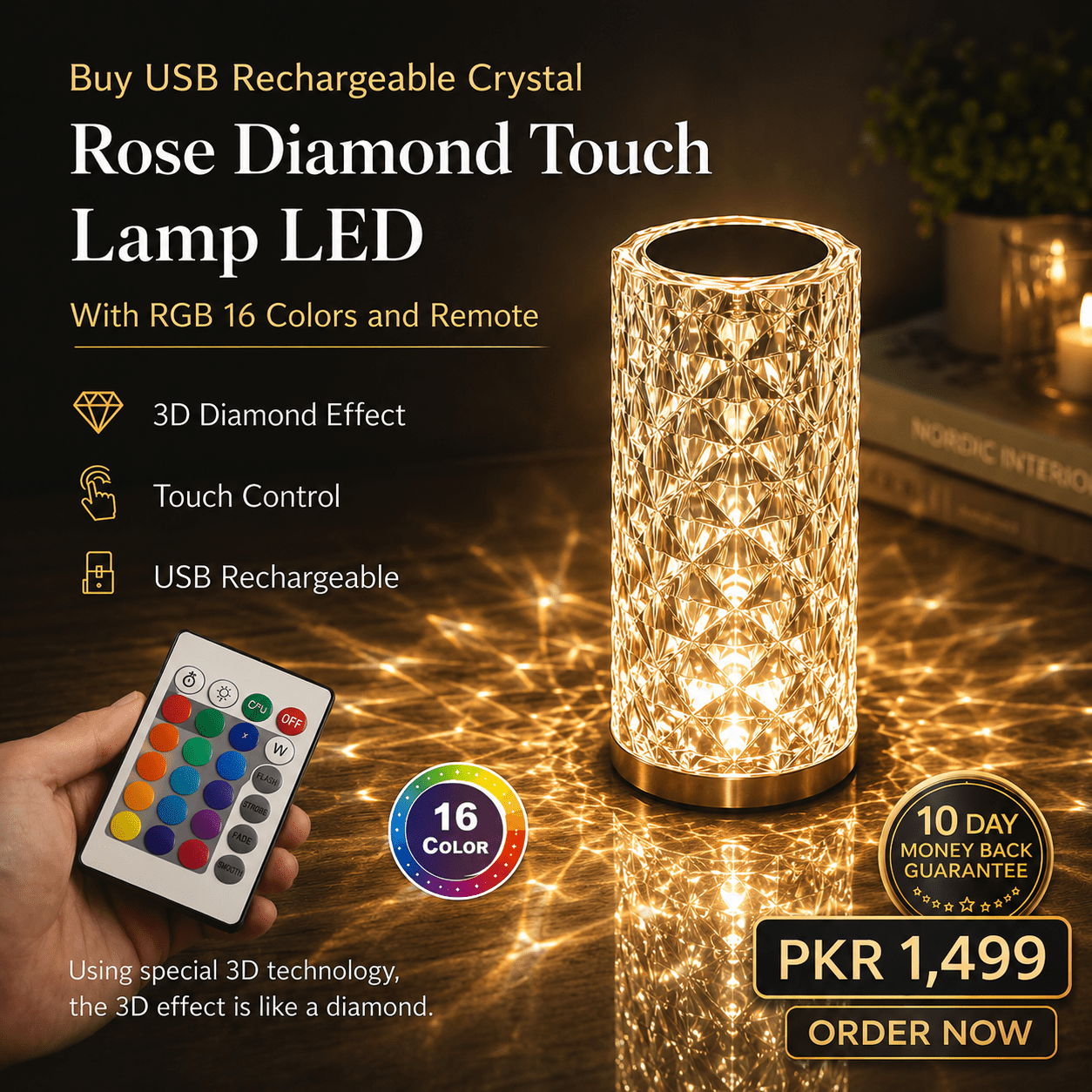 RGB Rose Diamond Crystal Lamp for Bedroom & Aesthetic Room Decor in Pakistan - Home Decor by Maryum