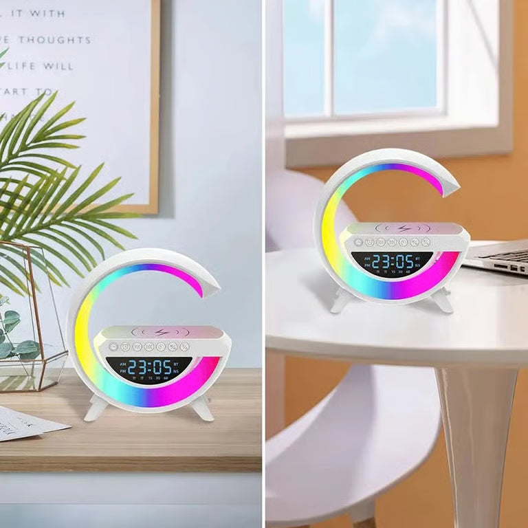 G-Shape RGB LED Night Lamp with Wireless Charging, Bluetooth Speaker & Alarm Clock | Smart Bedside Light