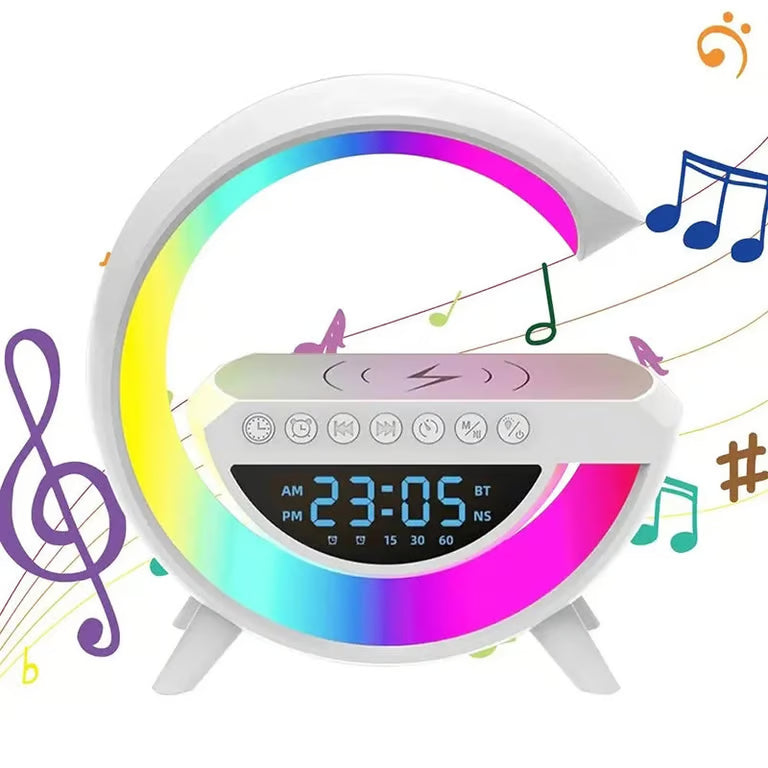 G-Shape RGB LED Night Lamp with Wireless Charging, Bluetooth Speaker & Alarm Clock | Smart Bedside Light