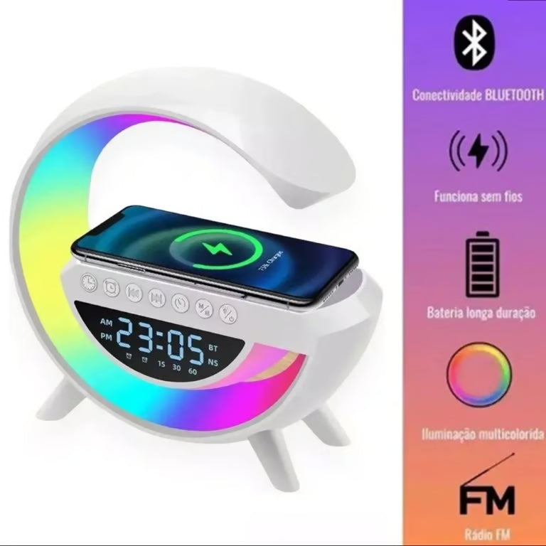 G-Shape RGB LED Night Lamp with Wireless Charging, Bluetooth Speaker & Alarm Clock | Smart Bedside Light