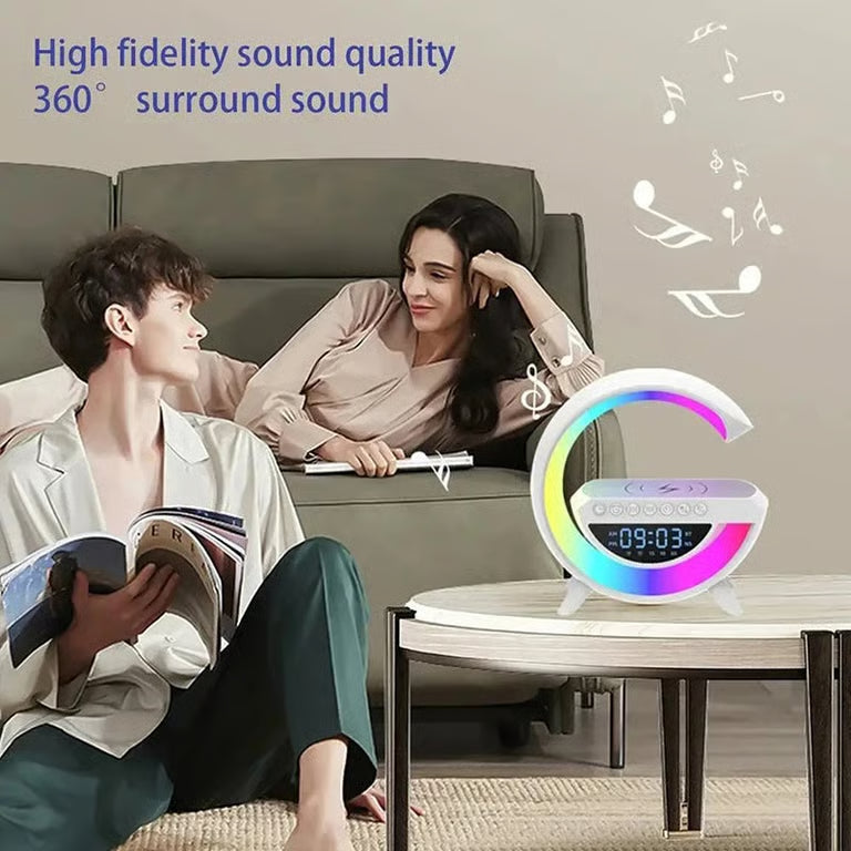 G-Shape RGB LED Night Lamp with Wireless Charging, Bluetooth Speaker & Alarm Clock | Smart Bedside Light