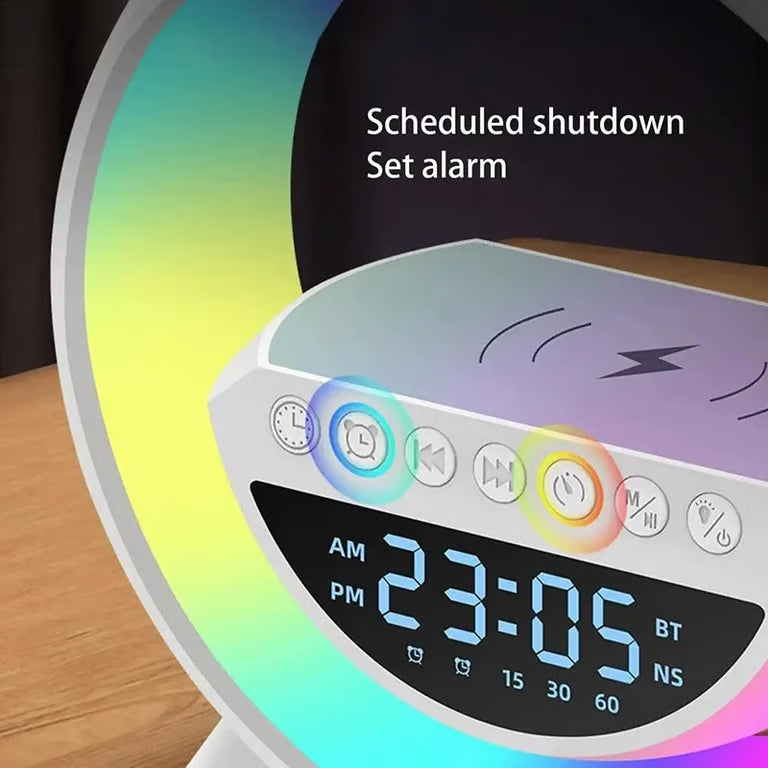 G-Shape RGB LED Night Lamp with Wireless Charging, Bluetooth Speaker & Alarm Clock | Smart Bedside Light